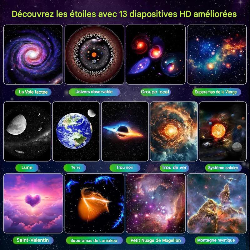 Veilleuse bébé projecteur ciel magique avec 13 diapositives interchangeables pour créer différents univers lumineux