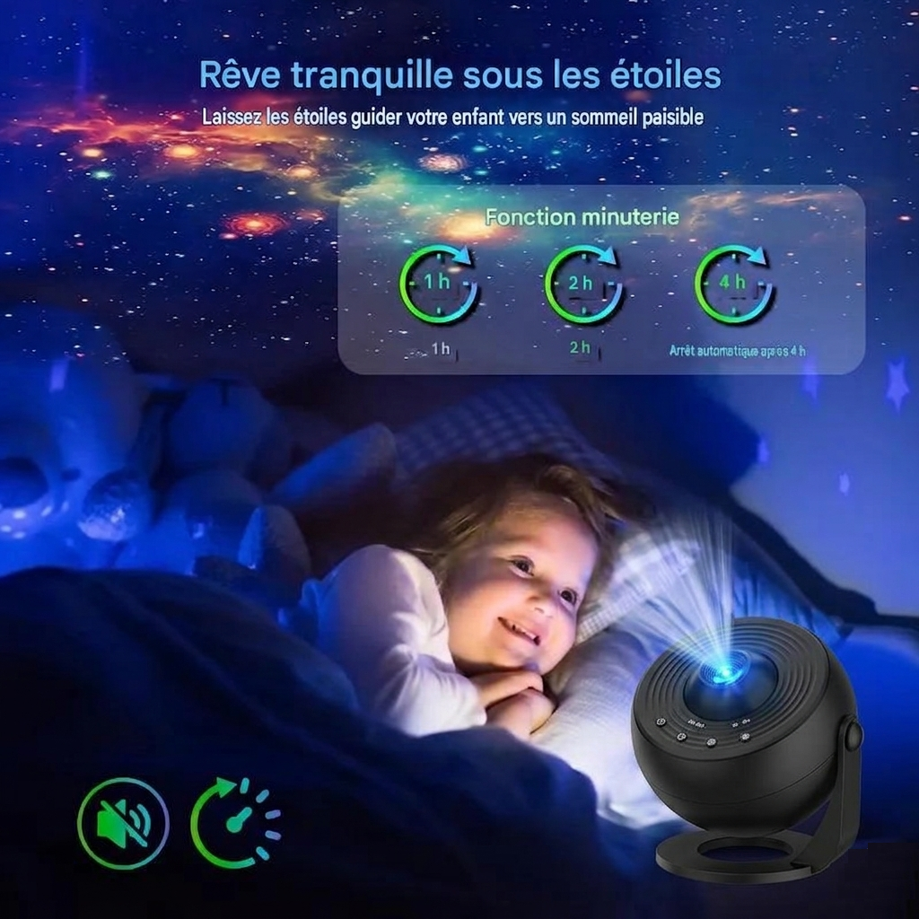 Veilleuse bébé projecteur ciel magique rêve avec projection d’étoiles et de galaxies, créant une ambiance apaisante et féerique pour accompagner le sommeil de bébé. ✨🌙🌌