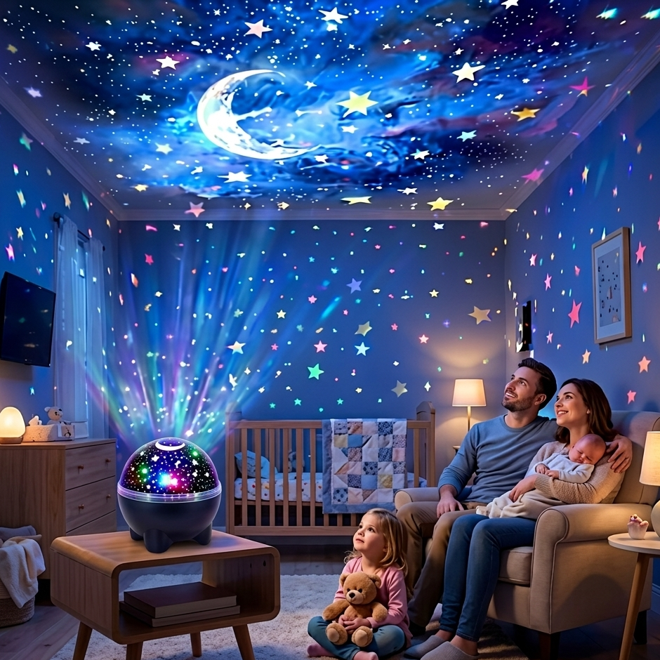 Veilleuse bébé projecteur galaxie avec lumière apaisante et projection d’étoiles, idéale pour créer une ambiance douce et relaxante dans la chambre de bébé. ✨🌙