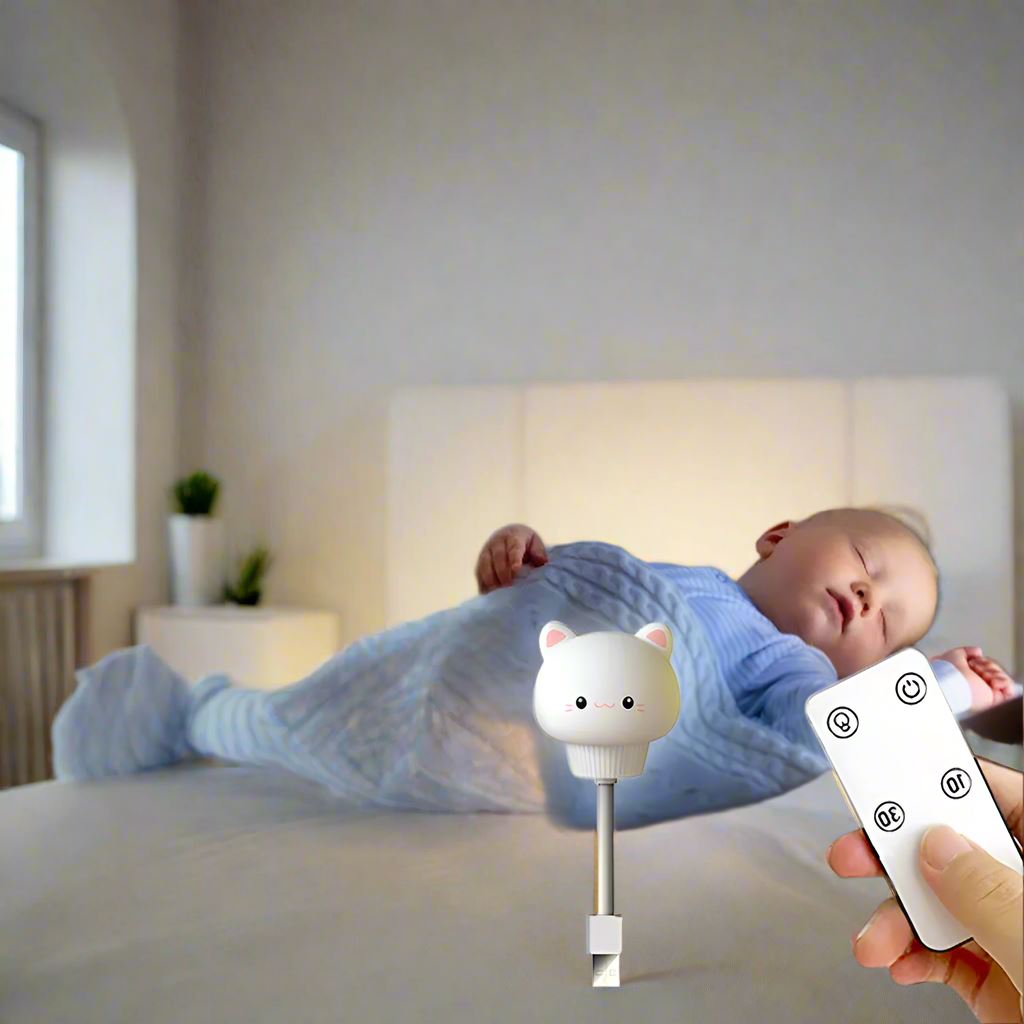 Lampe de nuit SweetDream™ avec lumière LED douce et télécommande à côté d’un lit pour enfant – ambiance apaisante garantie.