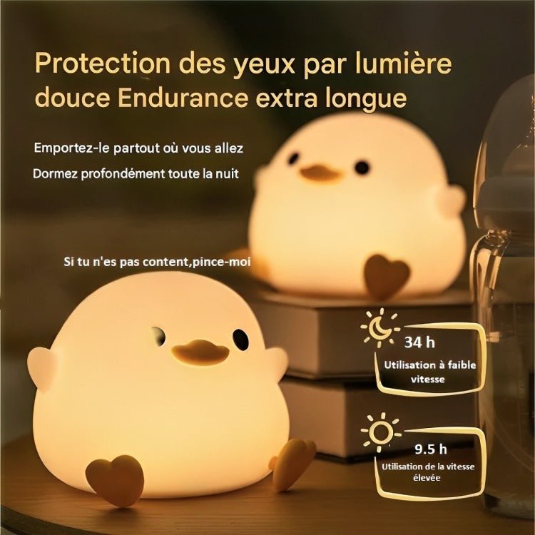 Solution nuit paisible avec DuckyLight : veilleuse canard sécuritaire pour endormir bébé en douceur. Parents zen, enfant apaisé