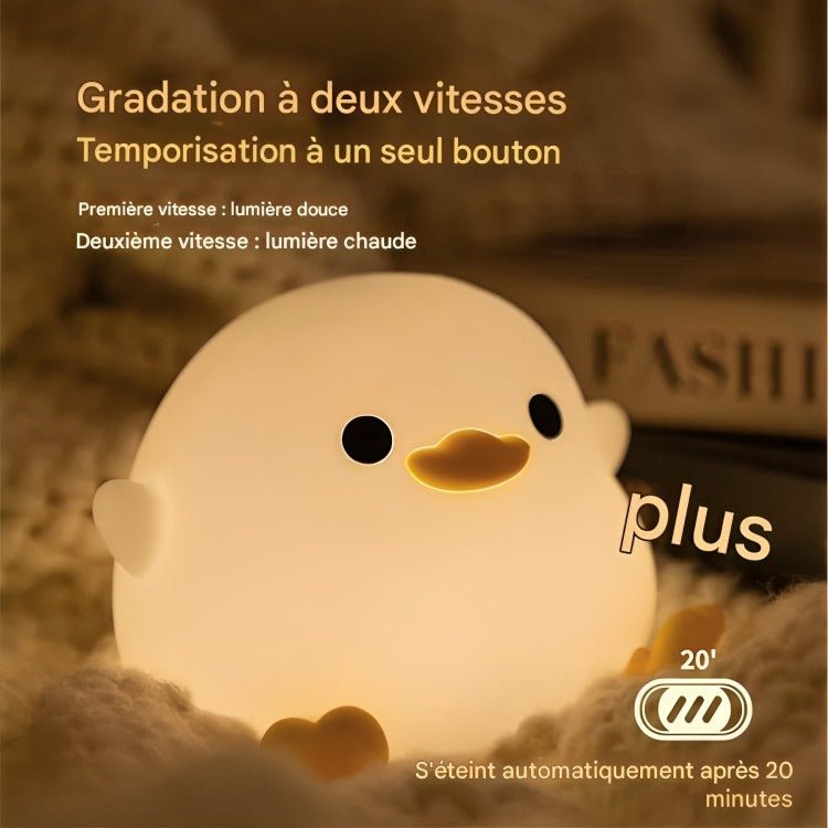 Adorable veilleuse canard pour rassurer bébé la nuit. Lumière apaisante 2 vitèsse, sécurité optimale et design doux. Nuits paisibles garanties
