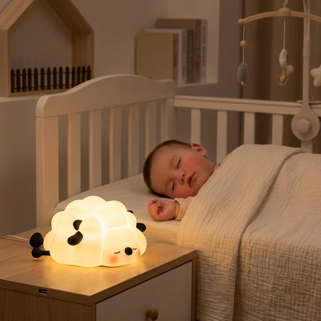 Bébé dormant paisiblement dans son lit à côté de la veilleuse BabyDream™ Sheep qui diffuse une lumière douce et apaisante.