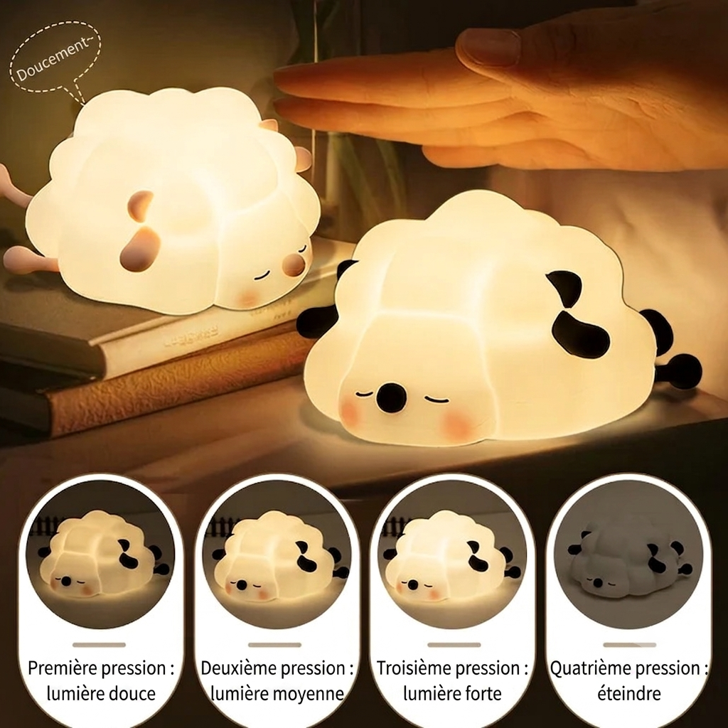 Veilleuse bébé BabyDream™ Sheep présentant ses 4 modes d'utilisation : trois niveaux de luminosité réglables par pression tactile et extinction automatique.